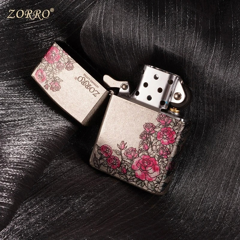 Zorro Ancient Silver Rose Pattern Lighter - closeup