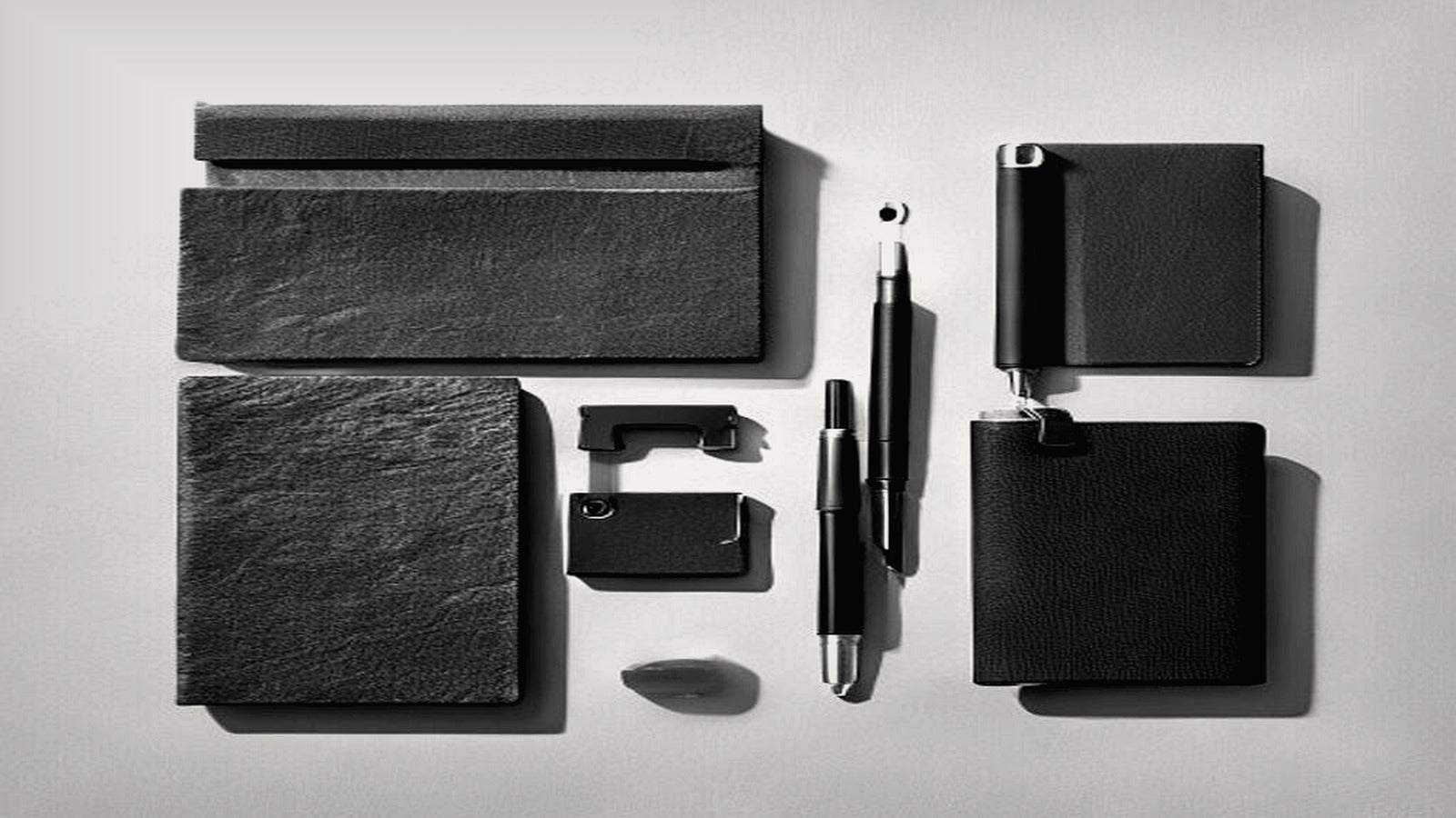Minimal black-and-white flat lay of everyday carry essentials