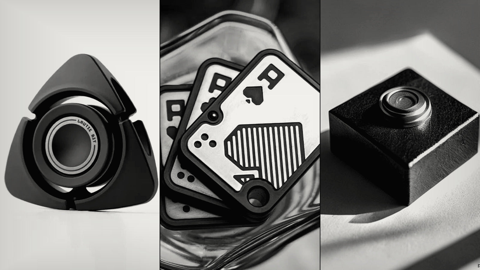 Monochrome comparison of a metal spinner, EDC slider, and mechanical clicker