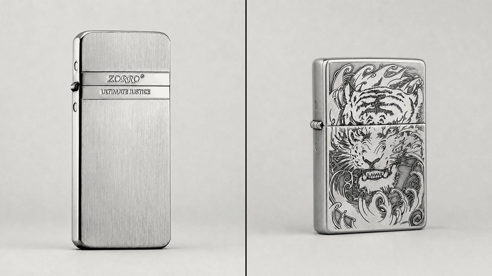 Two contrasting flip-top lighter profiles in a monochrome studio comparison