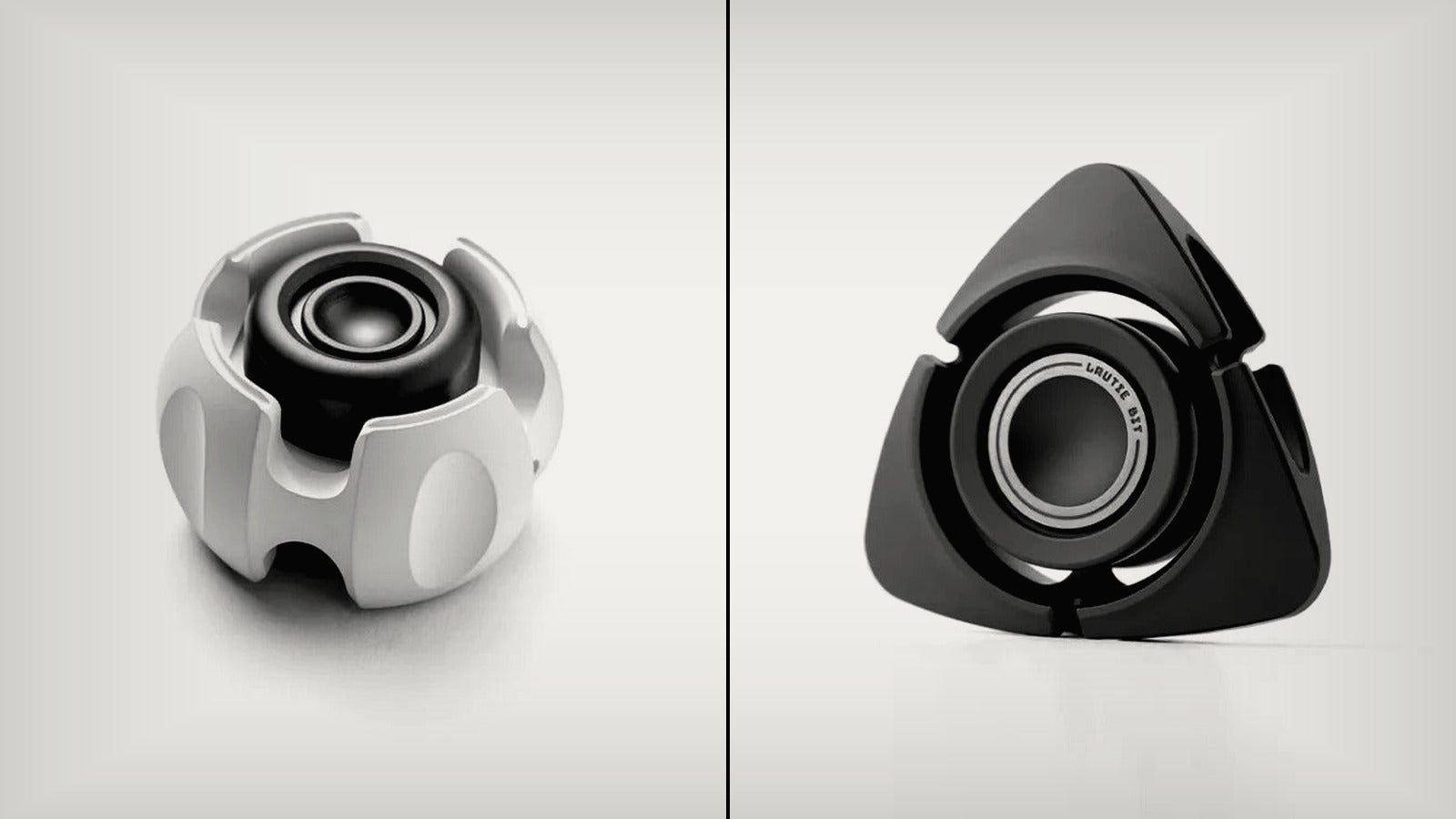Two premium metal fidget spinner designs shown in a monochrome comparison