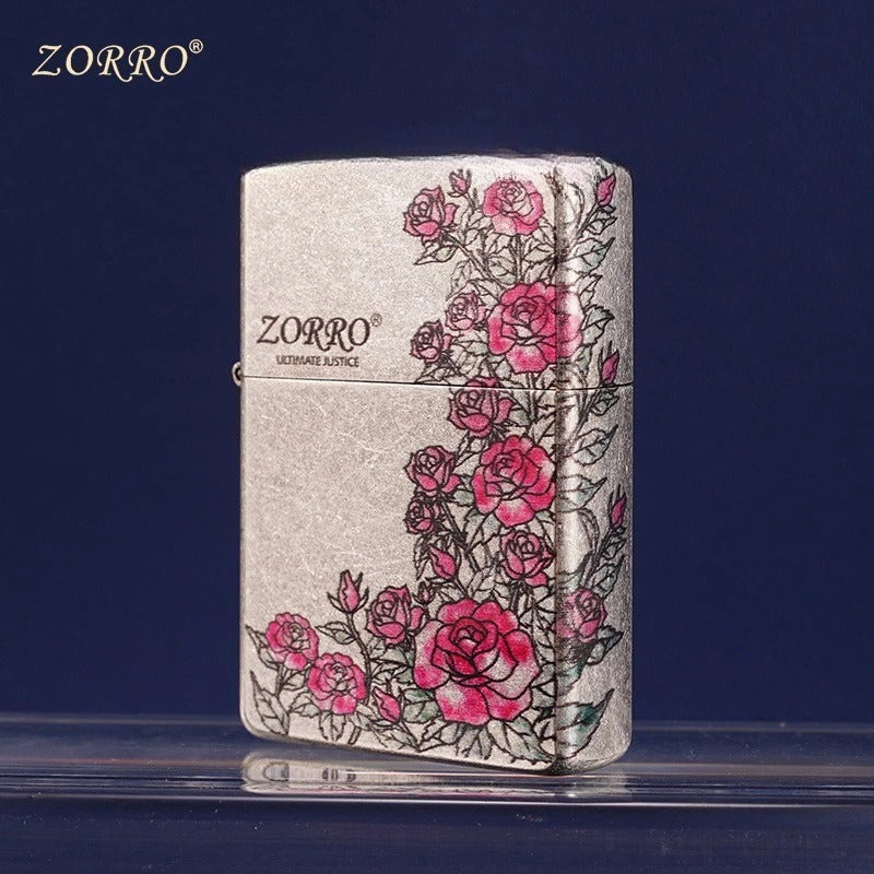 Zorro Ancient Silver Rose Pattern Lighter - front view