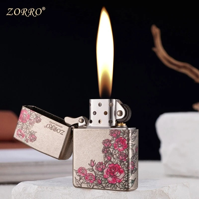 Zorro Ancient Silver Rose Pattern Lighter - detail view
